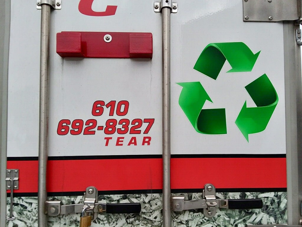 Close Up of the back door of the wiggins mobile shredding truck