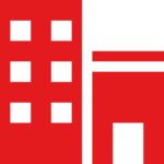 Red icon with tall and short buildings