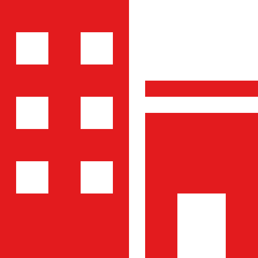 Red icon with tall and short buildings
