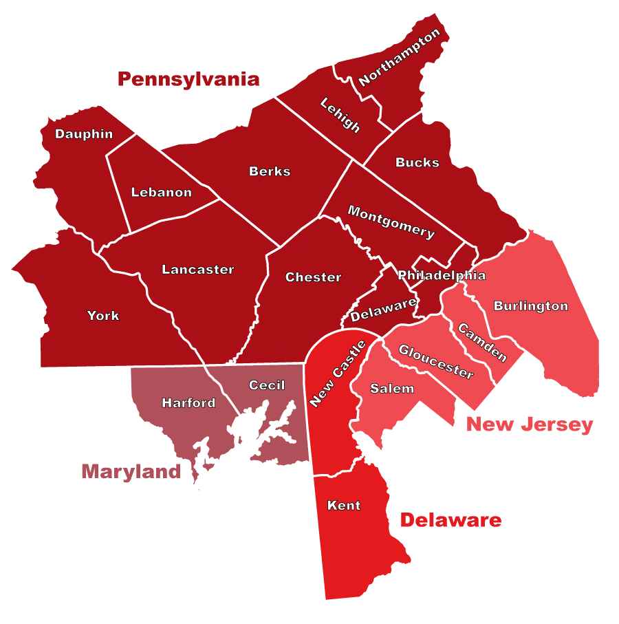 A map showing the counties in Pennsylvania, New Jersey, Delaware, and Maryland that Wiggins serves.