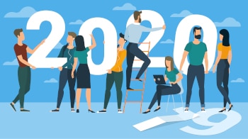 Flat design New Year vector concept. Preparing to meet 2020 new year. Business people building the numbers 2020. Company team are preparing to meet the new year over clear blue sky background.