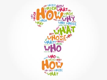 Question mark created by multicolored question words such as who what and how.