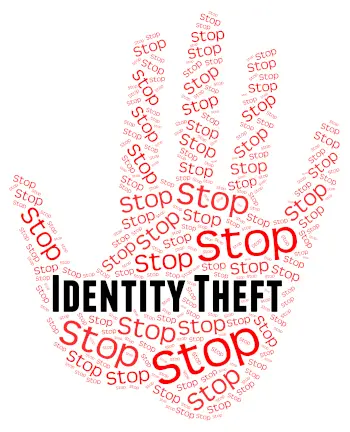 A hand shape created out of the words "Stop Identity Theft"