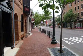 View down High Street in West Chester, Pennsylvania — showing brick storefronts