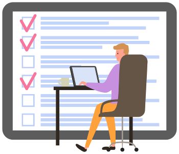 Cartoon-style image of person with laptop sitting at workplace on background of big checklist, to do plan.