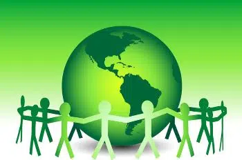 A team of paper dolls unite and hold hands around a green globe