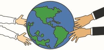 An illustration of planet Earth with the arms of two people reaching in from each side to support.