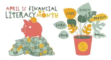 Image depicting graphics representing Financial Literacy Month: a piggy bank, money tree, and pile of cash in pastel colors on a white background