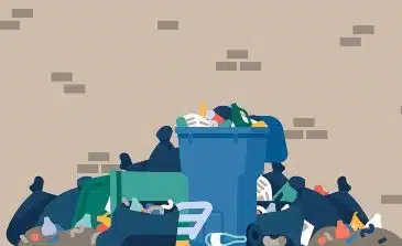 An illustration of a full trash can surrounded by bags of garbage and piles of trash.